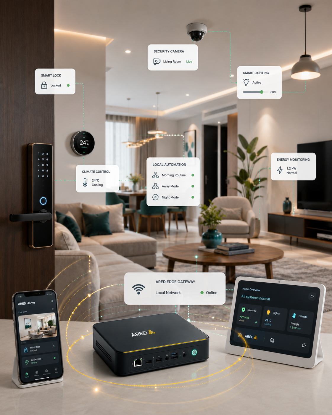 ARED Smart Home edge platform supporting local security, automation, lighting, climate and energy services